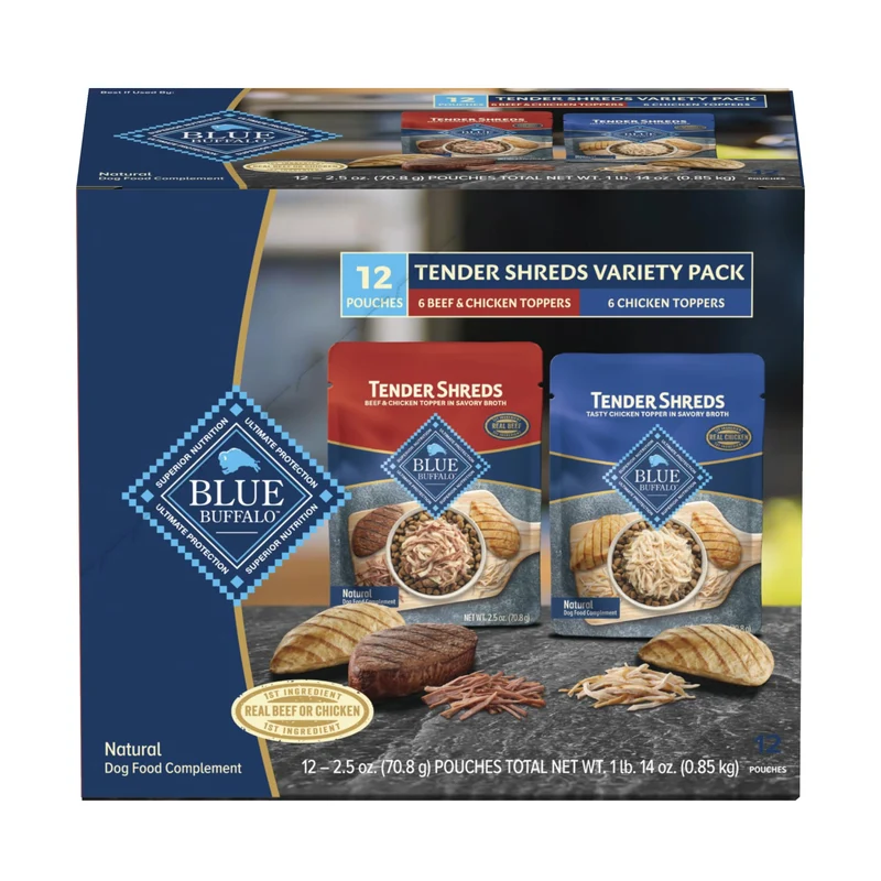 Blue Buffalo Tender Shreds Toppers – Poulet et Bœuf & Poulet, Pack Découverte 12 sachets 2,5 oz