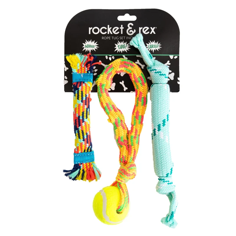 rocket & rex Ensemble de Jouets pour Chiens Petits et Moyens – Corde, Balle Tennis et Tir à la Corde (Pack de 3)