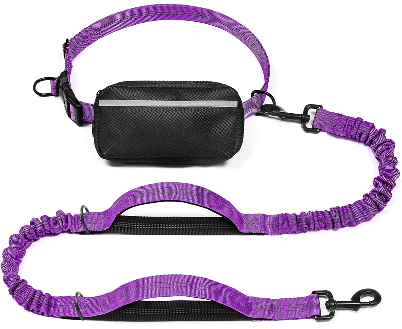 iYoShop Laisse mains libres pour chien – Poche zippée, Poignées rembourrées doubles et Bungee durable (Grand, 11–54 kg, Violet)