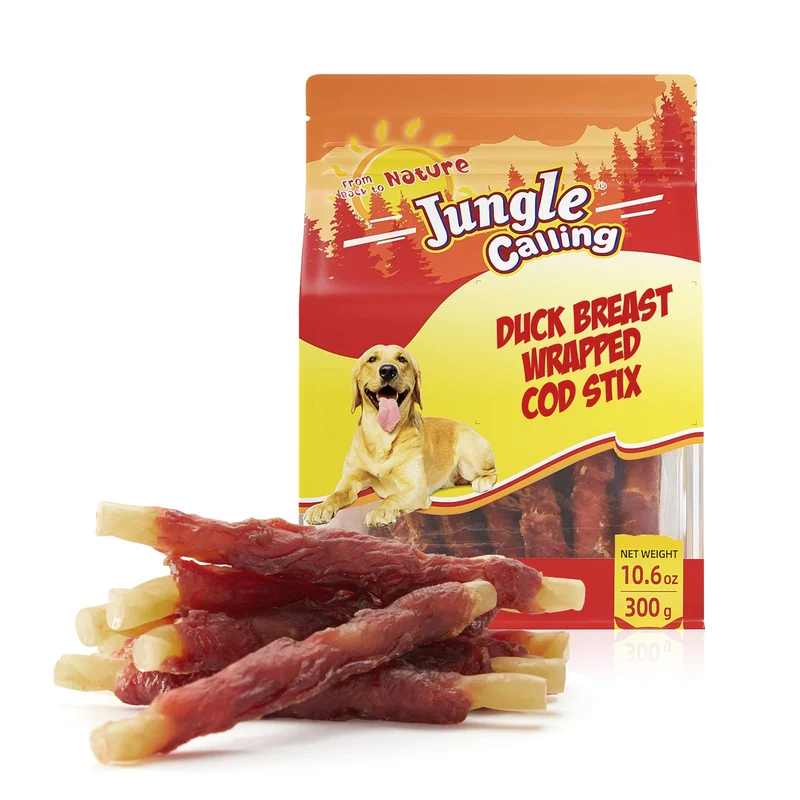 Jungle Calling Bâtonnets cabillaud-canard enrobés — Friandises sans cuir pour chiens, récompenses d'entraînement naturelles, 10,6 oz