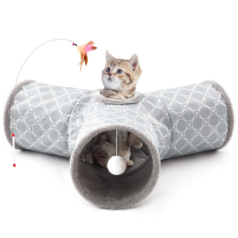 Tempcore Tunnel pour Chat — Tunnel à 3 Voies Pliable, Doublure Polaire, Jeux Indoor Gris Géométrique