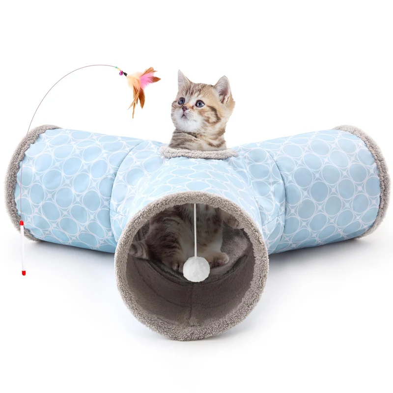 Tempcore Tunnel pour Chat – 3 Voies, Douillet et Pliable – Bleu Géométrique