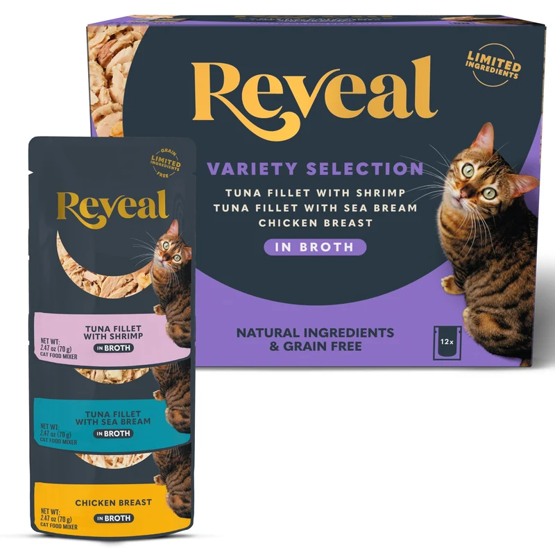 Reveal Nourriture humide naturelle pour chats — 12 sachets sans céréales, ingrédients limités (thon, dorade et poulet) en bouillon