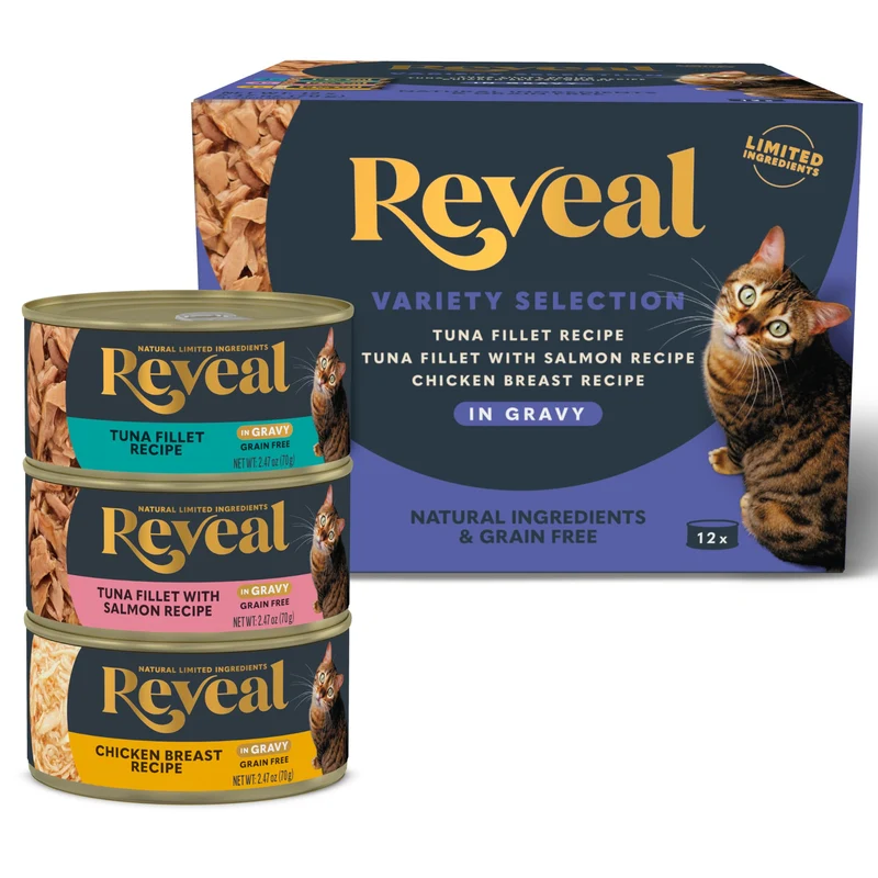 Reveal Aliments Humides pour Chats – Ingrédients Limités et Protéine Première, Sans Céréales – Variétés Poisson et Volaille en Sauce (12 boîtes de 2,47 oz / 70 g)