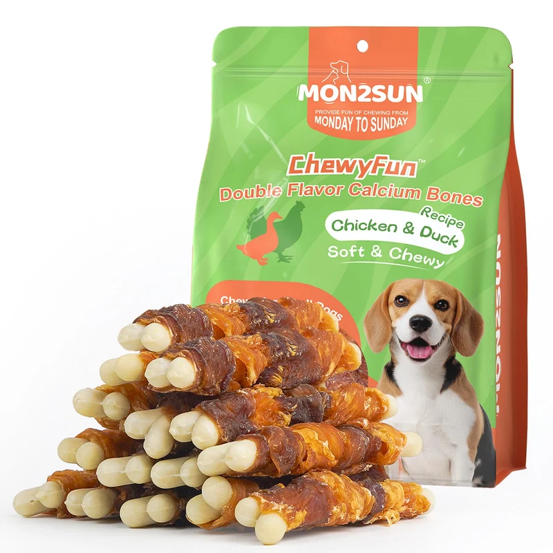 MON2SUN Double Saveur – Os calcium poulet et canard 4 pouces pour petits chiens, sans cuir cru