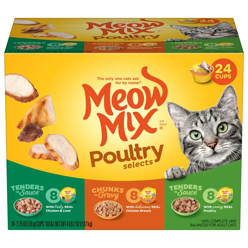 Meow Mix Sélections de volailles pour chat – Pack Variété, coupelles de 2,75 oz (24 pièces)