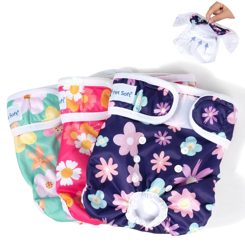 Pet Soft Couches Lavables pour Chiennes Femelles (3 Paquets) – Confort Réutilisable Bloom, Taille S