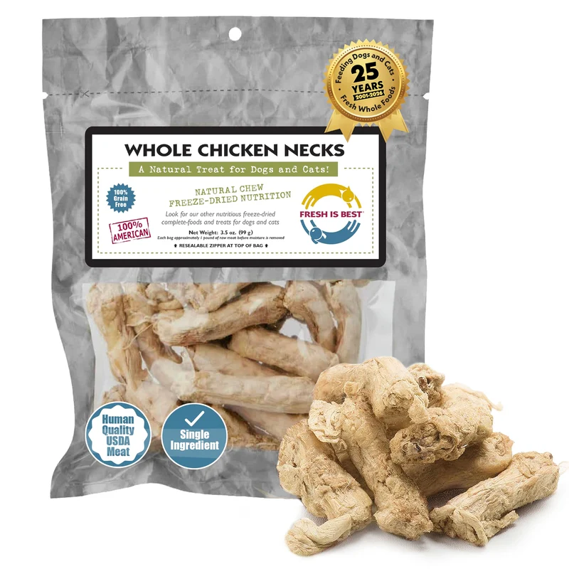 Fresh Is Best – Cou de Poulet Freeze-Dried Entier pour Chiens et Chats – Friandises Protéinées à Ingrédient Unique, Sacs Refermables – Fabriqué aux USA