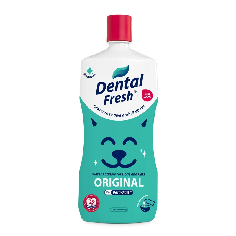 Dental Fresh – Additif d’eau pour chiens et chats, dents propres et haleine fraîche, soin buccal quotidien, sans goût, 32 onces liquides (946 ml)