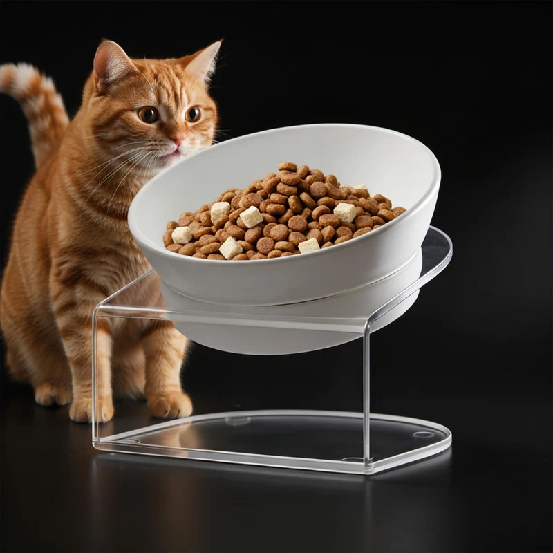 LivLab Mker Bol Chat Élevé avec Support – Hauteur 11 cm, Inclinaison 15°, Mélamine Sans Plomb et Cadmium, Blanc
