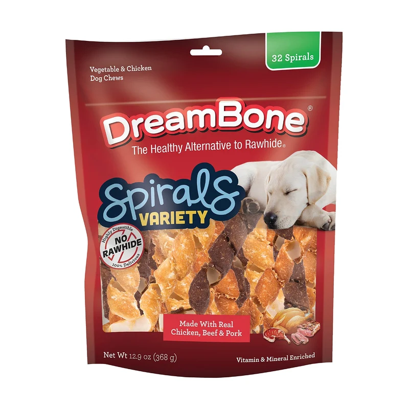 DreamBone Spirals – Variété Sans Cuir Brut pour Chiens, 32 Bouchées en Spirale