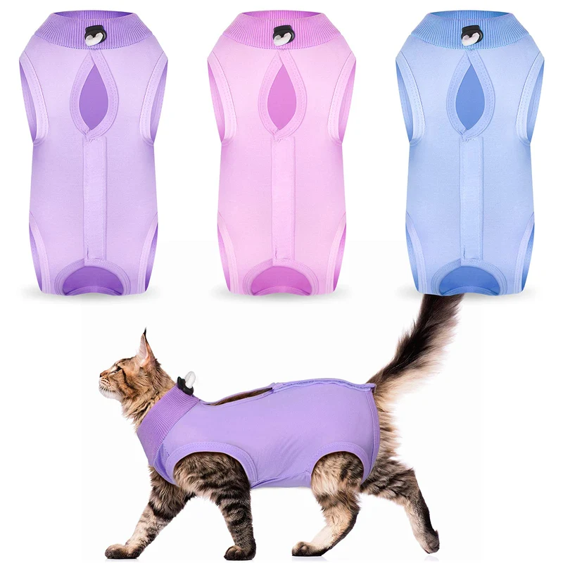 Nuanchu Kit de 3 Combinaisons de Récupération pour Chat – Alternative au Collier Postchirurgie, Taille Moyenne (Style Uni Violet Rose Bleu)