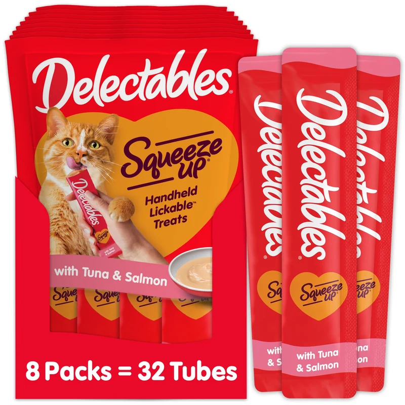 Delectables Squeeze Up – Friables Lickables pour Chats Adultes et Seniors (Thon & Saumon) | Pack 32 Tubes