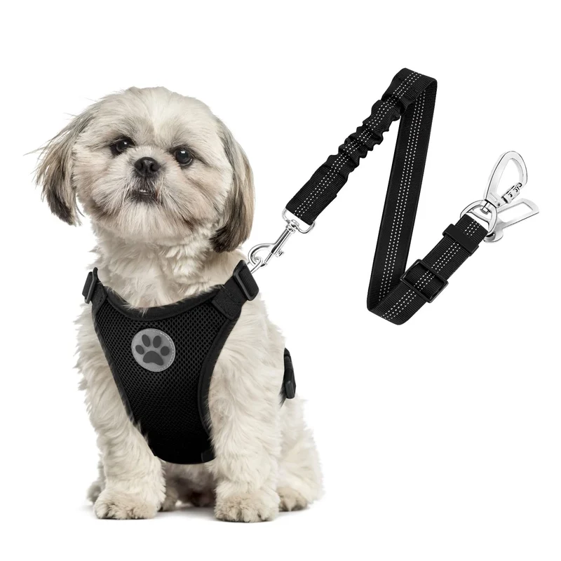 SlowTon Harnais de sécurité pour chien en voiture – 2-en-1, mesh respirant, clip double, XS (Noir)
