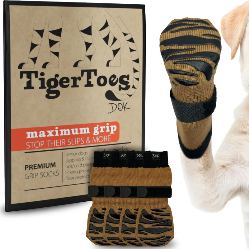 DOK TigerToes – Chaussettes Anti-Glisse XXL pour Chien sur Parquet, Grip Renforcé et Protection des Pattes (Cool Caramel)