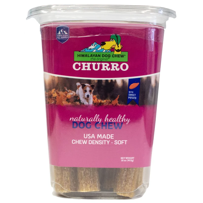 CHURRO Himalayan Cheese Treat Tub – Churros à la patate douce, sans lactose et sans gluten – Fabriqué aux États‑Unis – pour tous les chiens – 11‑13 churros – Fromage réel et patate douce