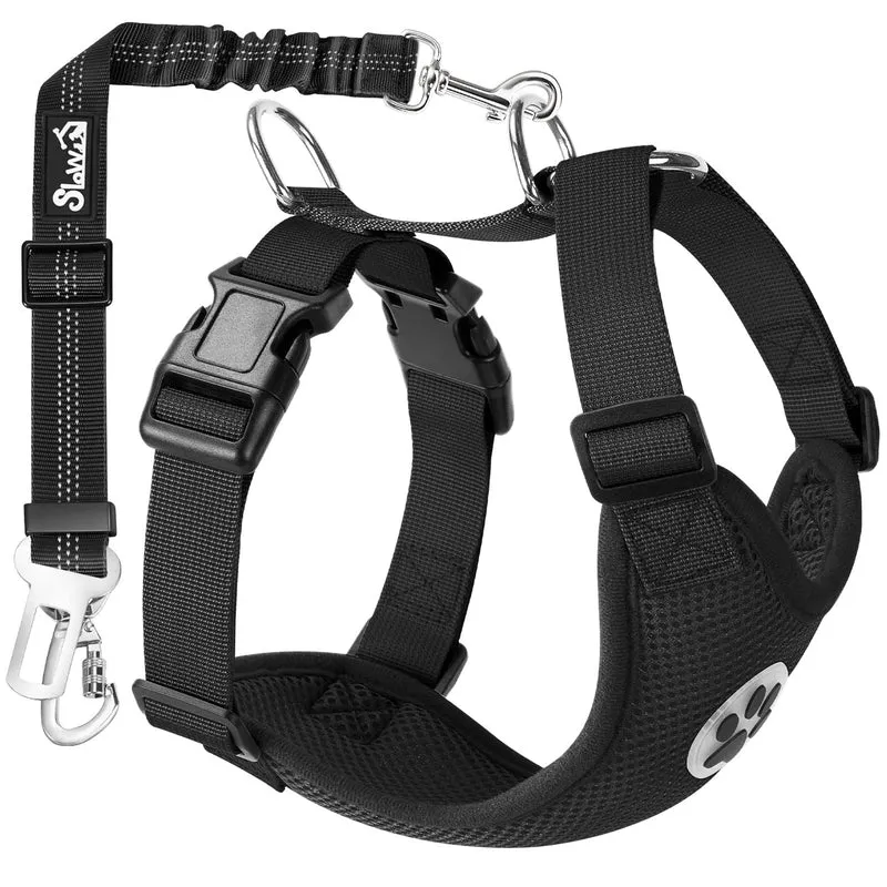 SlowTon Harnais Ceinture pour Chien – Siège Auto Réglable, Mesh Respirant, Double Clip (Noir, M)