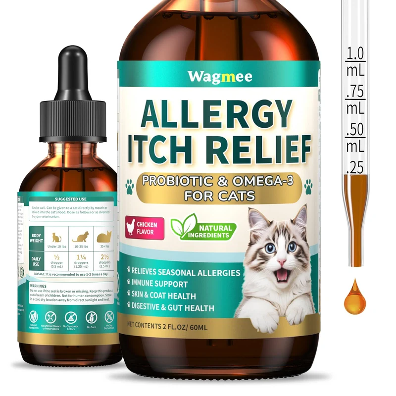 Allergies du chat : gouttes naturelles Wagmee – Oméga-3, probiotiques et saveur poulet