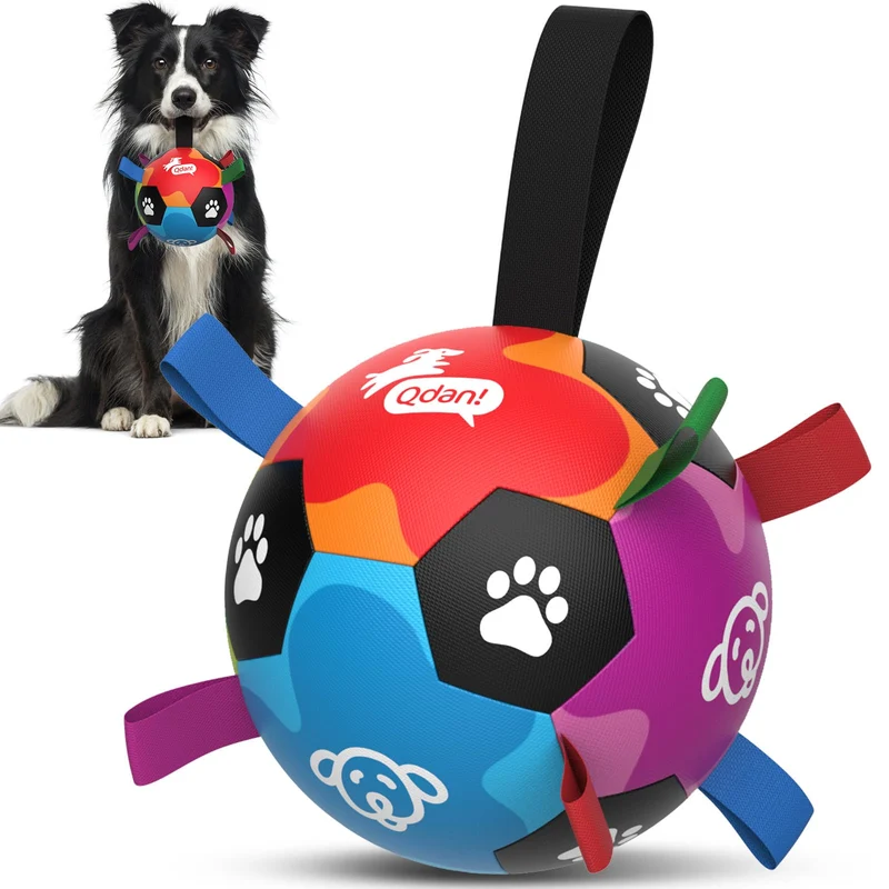 QDAN Balles pour chien avec sangles – Soccer interactif robuste, diamètre 15 cm