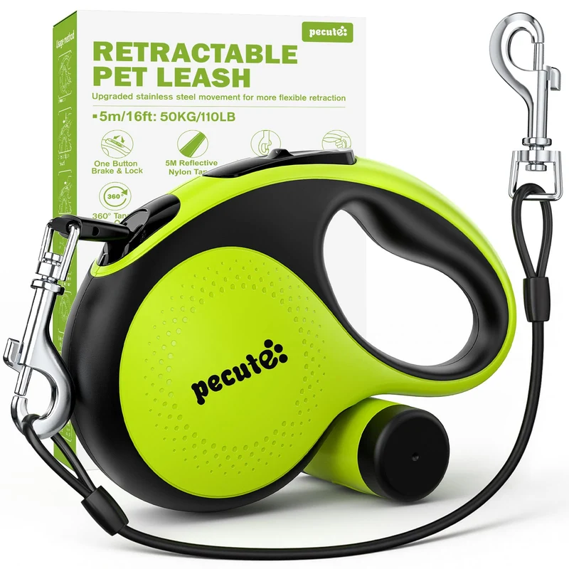 Laisse rétractable Pecute — Extendeur résistant 18,2 pieds, poignée anti-glisse, réflective, porte-sacs jusqu’à 110 lb