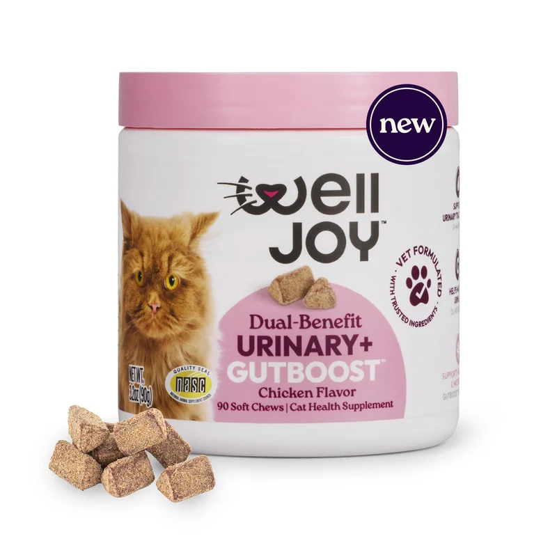 WellJoy Cat Urinary+ GutBoost – Complément urinaire et digestif formulé par des vétérinaires | Fabriqué aux États‑Unis | Saveur poulet | 90 bouchées souples