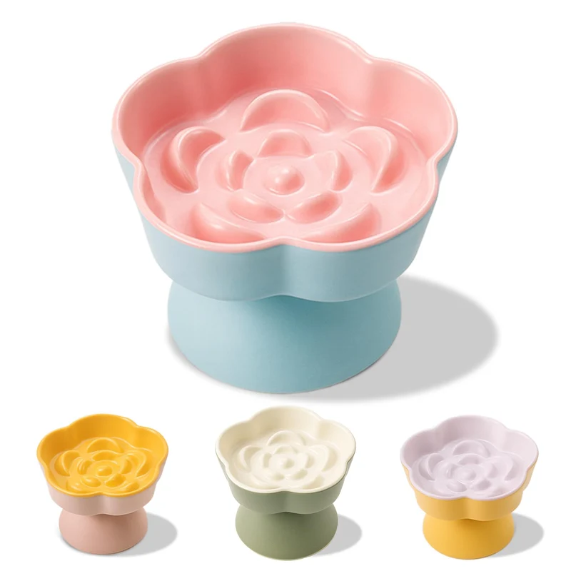 TRUNDISAN Bol Chat Incliné – Bol en Céramique Fleur, Alimentation Lente et Base Antidérapante