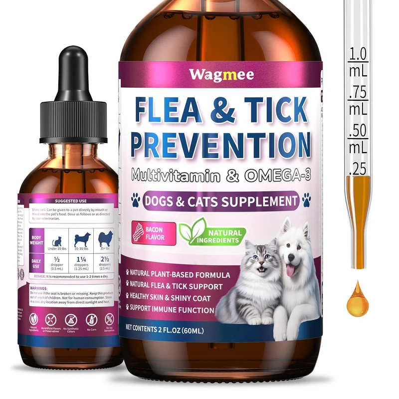 Wagmee Gouttes Prévention Puces & Tiques – Bacon, Omega-3 – Pour Chien et Chat