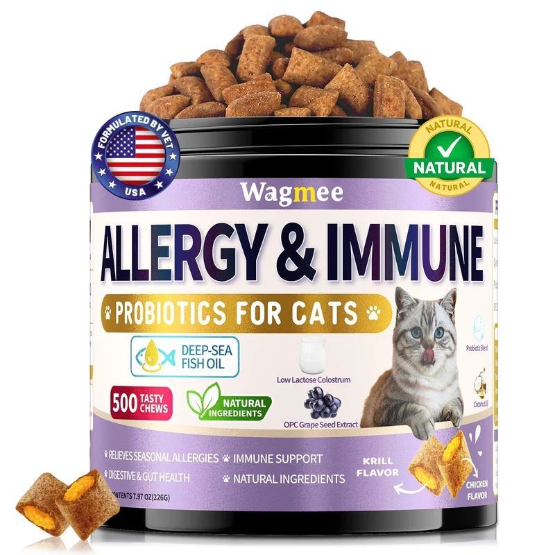 Wagmee – Soulagement des allergies chez le chat avec probiotiques et huile de poisson, 500 croquants-crème au krill