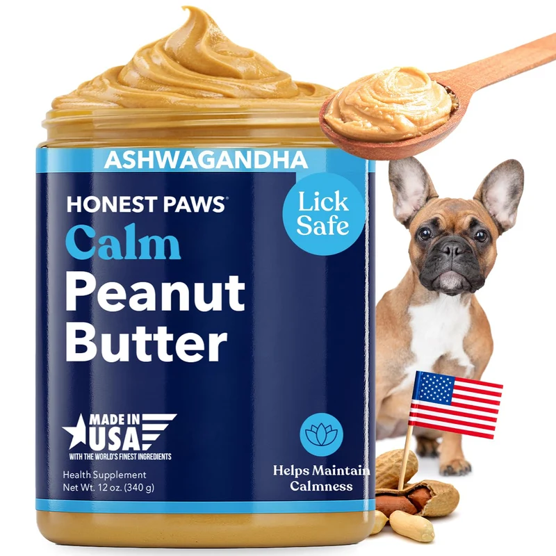 Honest Paws Beurre de cacahuète calmant pour chiens – Ashwagandha, racine de valériane et L-Tryptophane – 12 oz – Fabriqué aux États‑Unis