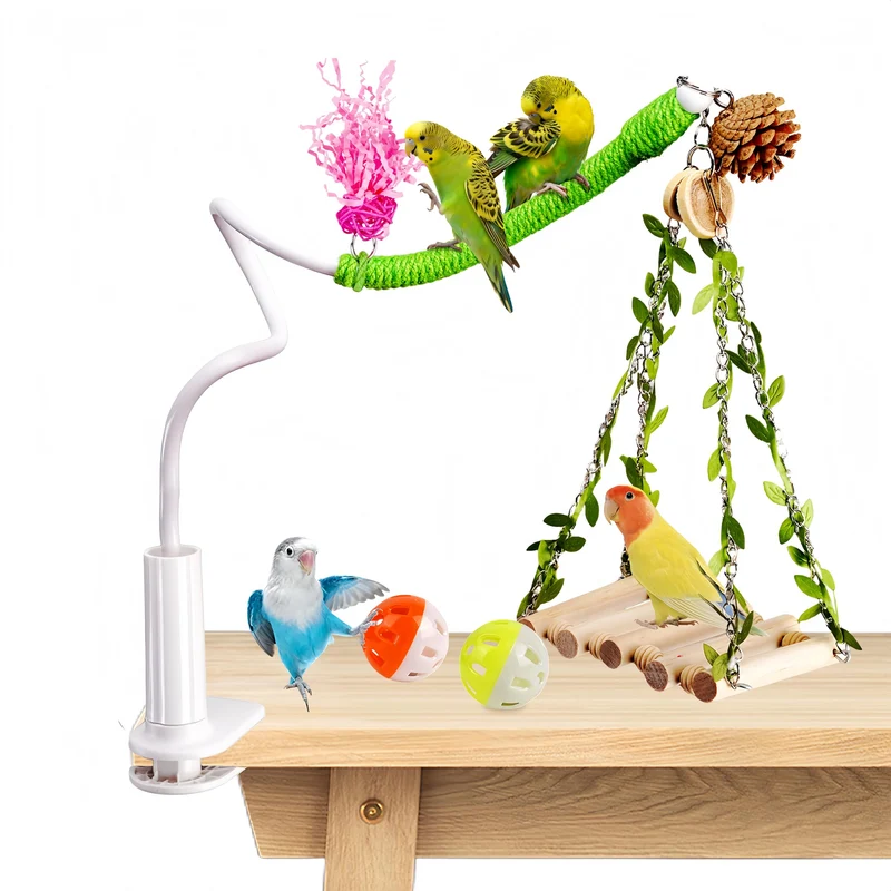 ZooVibe – Perchoir Bureau Antidérapant et Ajustable pour Petits Perroquets, Balancoire et Jouets