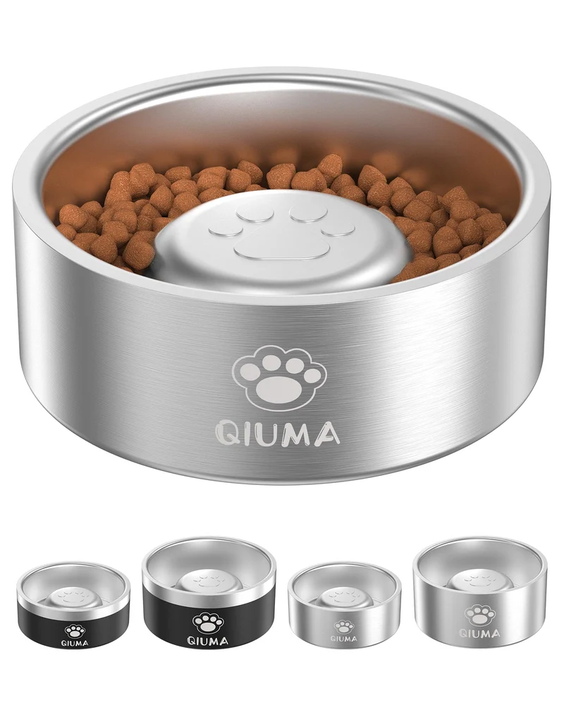 Qiuma Bol Lent pour Chiens en Acier Inox 304 – 2 Tasses, Antidérapant et Double-Couche