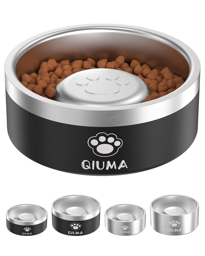 Qiuma Slow Feeder Bol en Inox 304 – Gamelle Anti-glouton, 2 Tasses, Base Antidérapante, Pour Chiens Petits et Moyens (Noir)