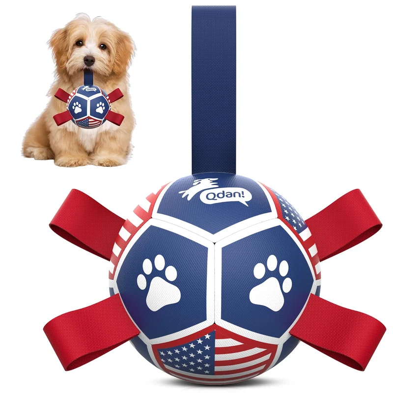 QDAN Balle de foot pour petit chien – Jouet interactif durable avec sangles (5 pouces)