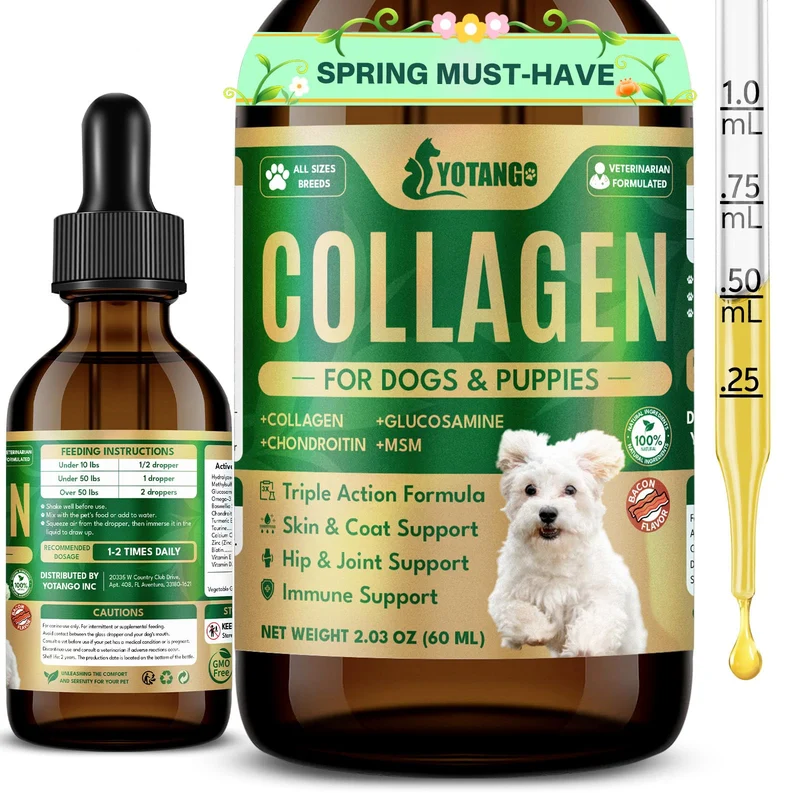 YOTANGO Collagène Liquide pour Chiens – Pelage et Mobilité (Bacon, 60 ml)