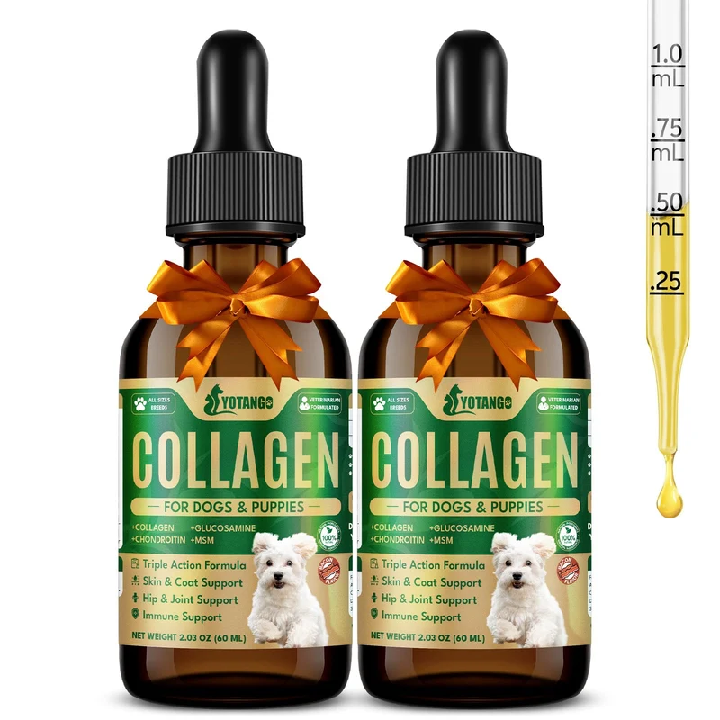 YOTANGO Collagène liquide pour chiens – Soin peau et pelage, mobilité et immunité (bacon, 60 ml pack 2)