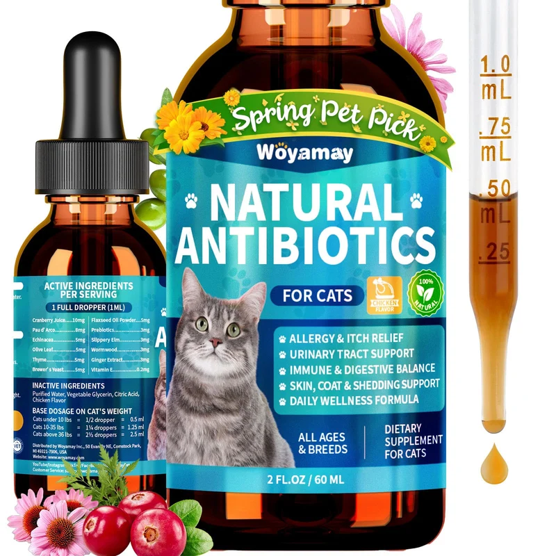 Woyamay Gouttes antibiotiques naturels pour chats – Allergie, voies urinaires et digestion | 2 Fl Oz