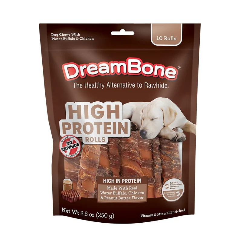 DreamBone Rouleaux Protéinés pour Chiens — 10 Pièces, Sans Cuir, Saveur Buffl e d’eau, Poulet et Beurre de Cacahuète