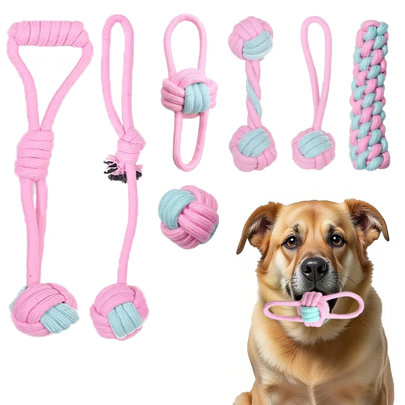 DSUMD 7 Jouets Corde pour Chien Rose — Jouets d'Interaction et Dentition pour Petits et Moyens