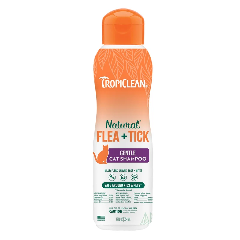 Shampoing Doux TropiClean pour Chat – Prévention Puces et Tiques, Défense Naturelle, Fabriqué aux États-Unis – 340 g