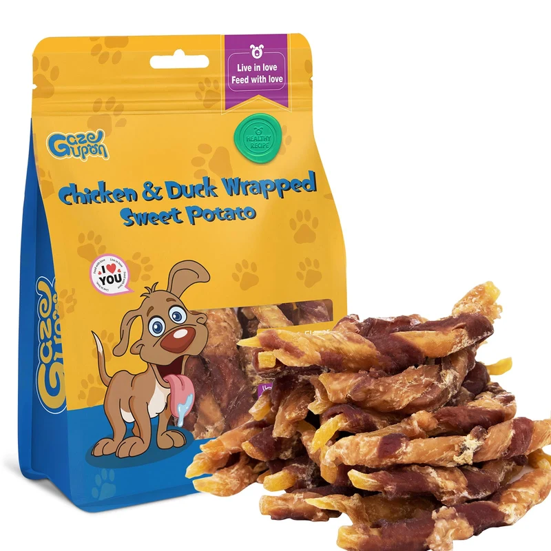 gazeupon Friandises pour chiens – Poulet et canard enveloppés de patate douce, snack d'entraînement sain pour petits et moyens chiens, sans cuir, 14,1 oz