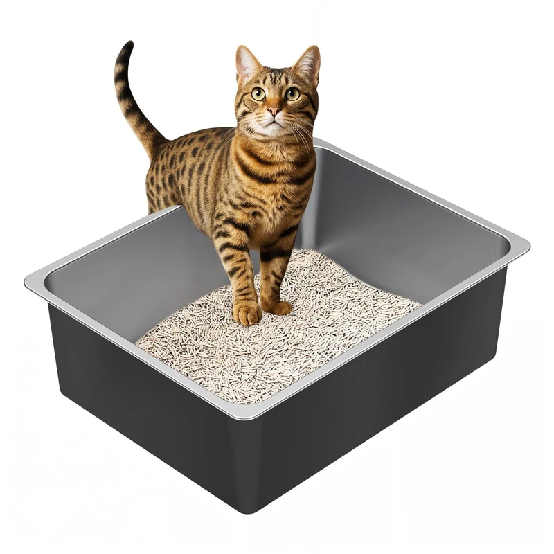 Ohtomber Litière en Acier Inoxydable à Hauts Bords – Bac à Litière Métal, Anti-Odeur, Facile à Nettoyer, Pour Chats, Lapins et Petits Animaux