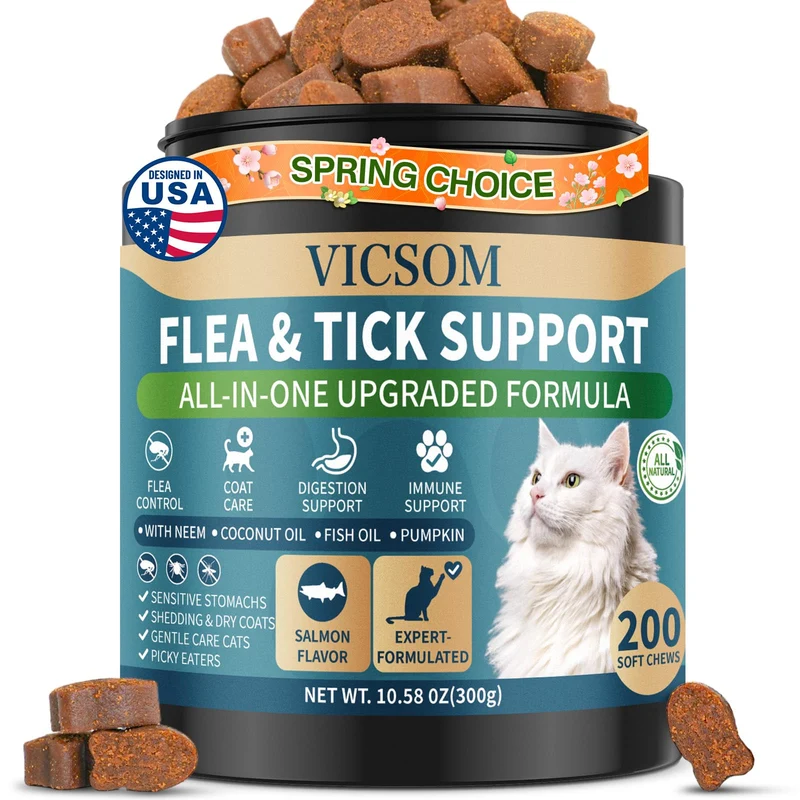 VICSOM Prévention Puces et Tiques pour Chats — 200 Friandises Saveur Saumon