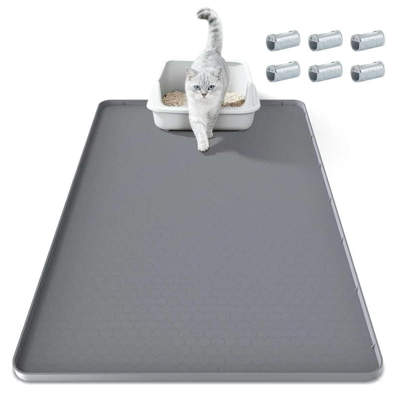 TIMOHCR Tapis Litière Chat 34 x 22 po — Silicone Étanche, Protège Sol, 6 Pinces Offertes