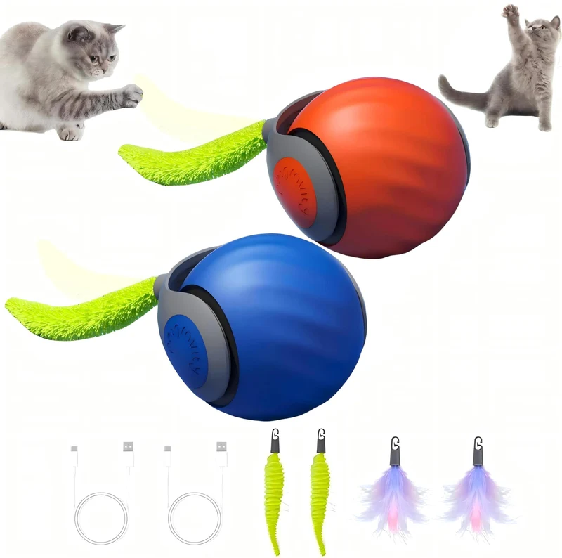 ZREVSB Jouet Chat Version 3.0 — Jouet Interactif Roulant pour Chats d'Intérieur (Bleu et Orange) - 2 Pièces