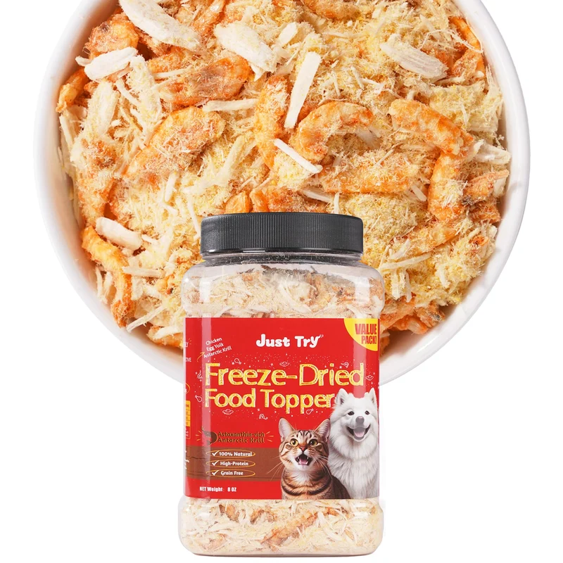 Just Try – Toppers Krill Antarctique Séché (227 g) pour Chat et Chien, Faible Calories, Jaune d’Oeuf, Oméga-3 et Protéines Élevées
