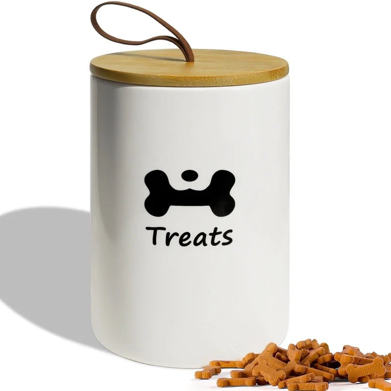 NIXBYO Boîte à friandises pour chien – Céramique blanche, couvercle bambou étanche, 5 x 7,5 po