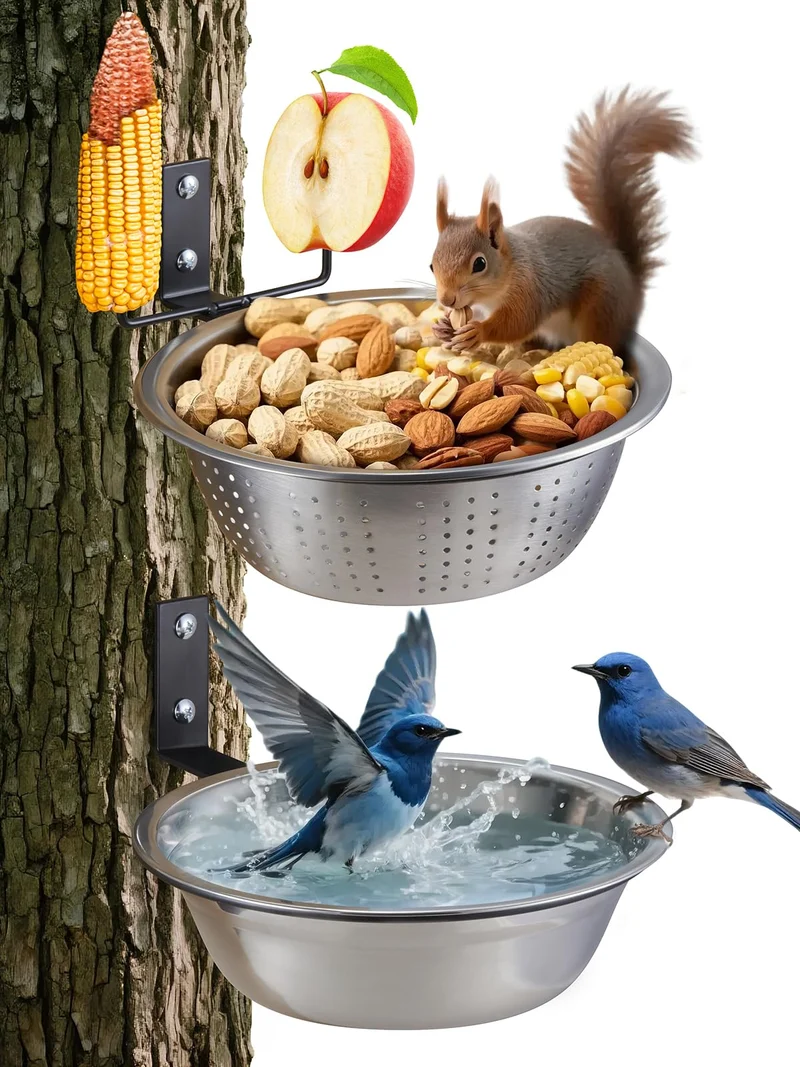 TKMSV 2 Pack Nourrisseurs Écureuils et Oiseaux – Bol Métal Draineur + Bac Eau/Bain