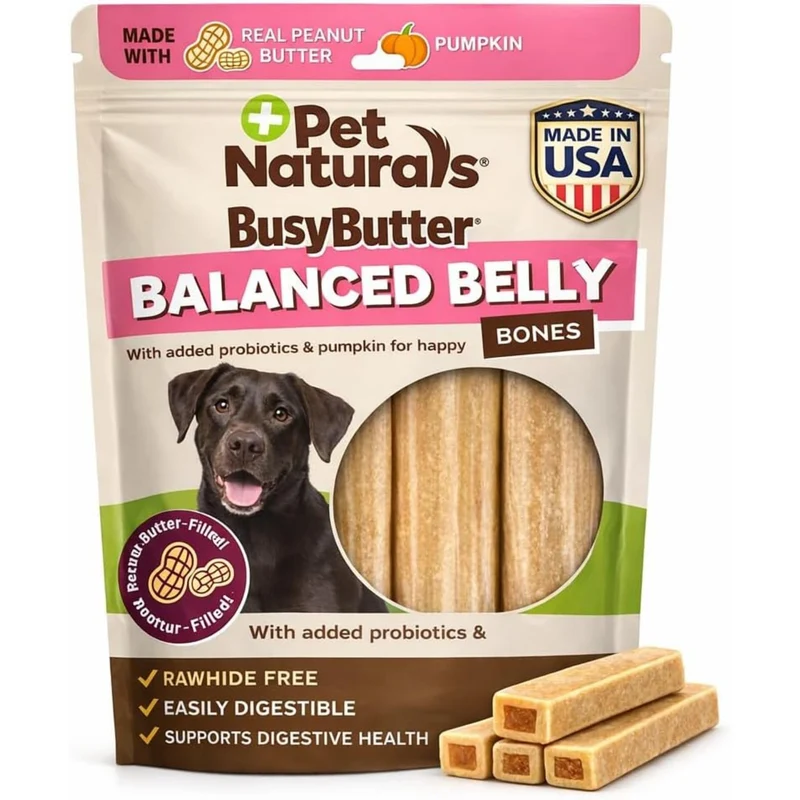 Pet Naturals BusyButter Balanced Belly – Os au Beurre de Cacahuète Sans Rawhide pour Chiens Moyens et Grands (4 pièces)