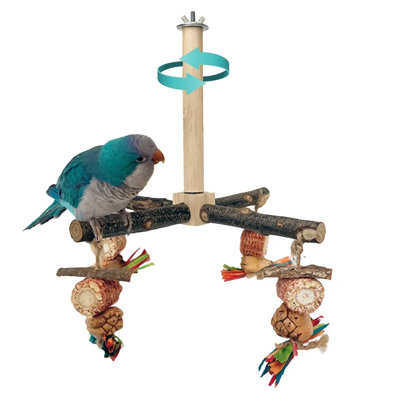 ROOJUNE Perchoir 360° – Barre en Bois Naturel avec Jouets à Mâcher pour Petits et Moyens Oiseaux