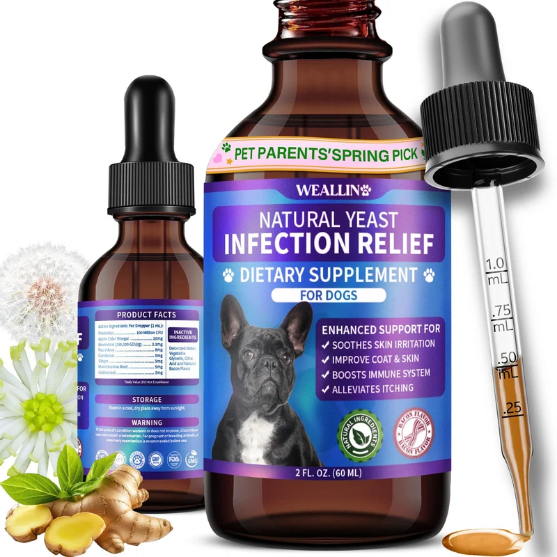 WEALLIN – Traitement naturel des infections à levures chez le chien | Gouttes probiotiques à 8 herbes | Soutien peau et oreilles | Goût bacon
